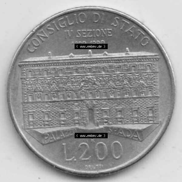 Grau bzw. s/w Münzen Italien Gedenkmünze 1990-1990, 200 Lire Gründung von Staatsrat. Vorderseite der alten italienischen Münze aus Italien in der italienischen Lira-Währung zum... Sammlung Graustufen