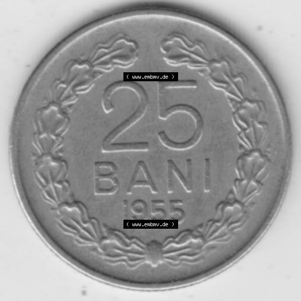 Grau bzw. s/w Münzen Rumänien Umlaufmünze 1955-1955, 25 Bani, Bild mit Vorderseite der Münze als Bildmaterial Sammlung Graustufen