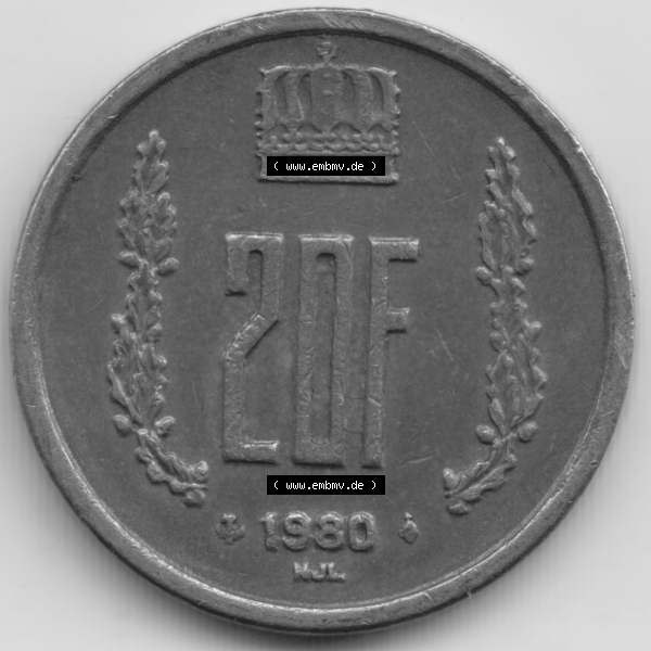 Grau bzw. s/w Münzen Luxemburg Umlaufmünze 1980-1983, 20 Francs Franken 1980, Bild mit Vorderseite der Münze als Bildmaterial Sammlung Graustufen