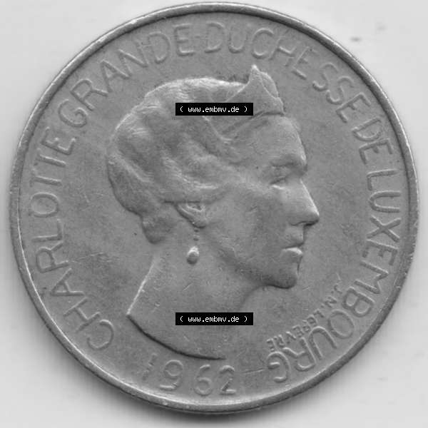 Grau bzw. s/w Münzen Luxemburg Umlaufmünze 1962-1962, 5 Franken - Francs 1962, Bild mit Rückseite der Münze als Bildmaterial Sammlung Graustufen