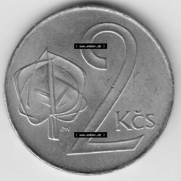 Grau bzw. s/w Münzen Tschechoslowakei Umlaufmünze 1991-1992 2 KCS, Koruny, Kronen. Rückseite der Münze aus Tschechoslowakei als Bildmaterial für Sammler und Münzen-Webseiten... Sammlung Graustufen