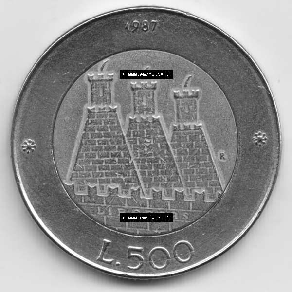 Grau bzw. s/w Münzen San Marino Gedenkmünze 1987-1987, 500 Lire 15. Jahrestag - Wiederaufnahme der Münzenprägung. 500 Lire Gedenkmünzen von San Marino Eurovorläufer... Sammlung Graustufen