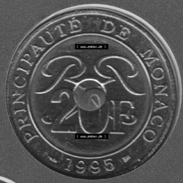 Grau bzw. s/w Münzen Monaco Umlaufmünze 1992-1997, 20 Francs 1995 (1) Sammlung Graustufen
