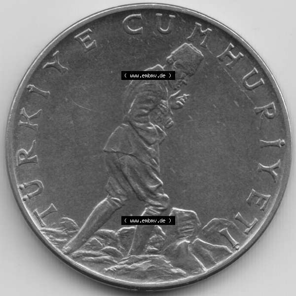 Grau bzw. s/w Münzen Türkei Umlaufmünze 1960-1968, 2.50 Lira. Rückseite der Münze der Türkei als Bildmaterial für Sammler und Münzen-Webseiten hier im online... Sammlung Graustufen