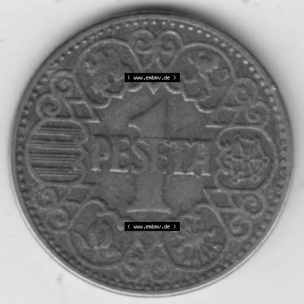 Grau bzw. s/w Münzen Spanien Umlaufmünze 1944-1944, 1 Pesete 1944. Vorderseite der Peseten Umlaufmünze aus Spanien vor Einführung der Euromünzen in Spanien zum katalogisieren im... Sammlung Graustufen