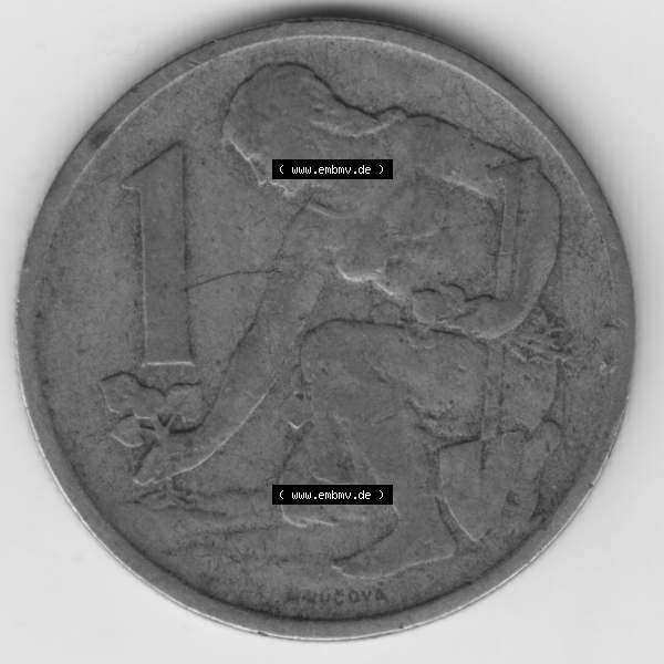 Grau bzw. s/w Münzen Tschechoslowakei Umlaufmünze 1961-1990, 1 Kcs, Koruna, Krone. Rückseite der Münze aus Tschechoslowakei als Bildmaterial für Sammler und Münzen-Webseiten... Sammlung Graustufen