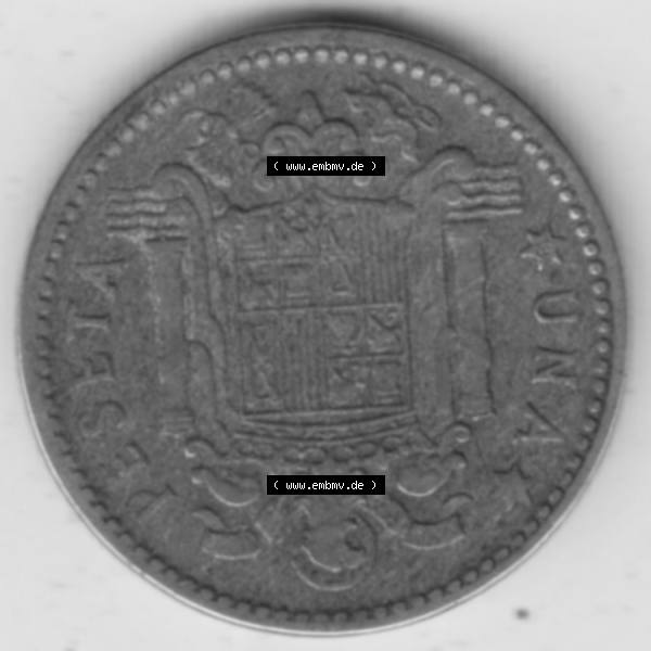 Grau bzw. s/w Münzen Spanien Umlaufmünze 1946-1963, 1 Peseta-Pesete 19x3. Vorderseite der Peseten Umlaufmünze aus Spanien vor Einführung der Euromünzen in Spanien zum katalogisieren... Sammlung Graustufen