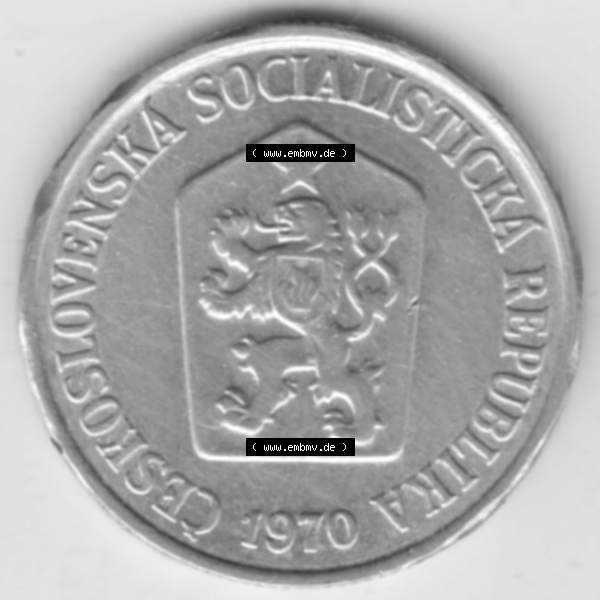 Grau bzw. s/w Münzen Tschechoslowakei Umlaufmünze 1961-1971, 10 Heller. Vorderseite der Münze aus Tschechoslowakei als Bildmaterial für Sammler und Münzen-Webseiten hier im online... Sammlung Graustufen