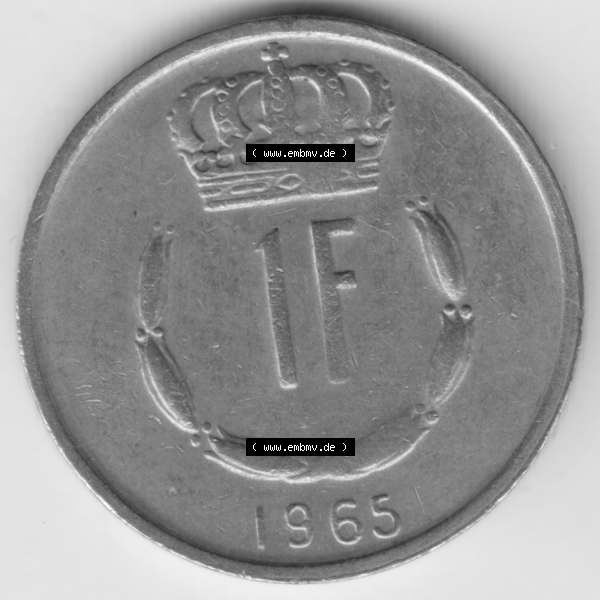 Grau bzw. s/w Münzen Luxemburg Umlaufmünze 1965-1984, 1 F, Franc, Franken 1965, Bild mit Vorderseite der Münze als Bildmaterial Sammlung Graustufen