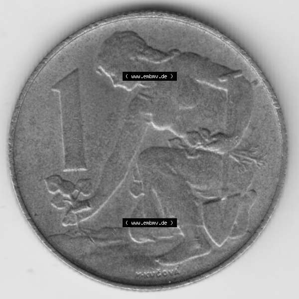 Grau bzw. s/w Münzen Tschechoslowakei Umlaufmünze 1991-1992 1 Kcs, Koruna, Kronen. Rückseite der Münze aus Tschechoslowakei als Bildmaterial für Sammler und Münzen-Webseiten... Sammlung Graustufen