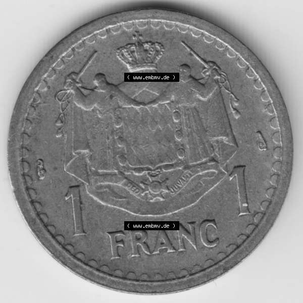 Grau bzw. s/w Münzen Monaco Umlaufmünze 1945-1945, 1 Fr, Franc, Franken, Louis II Prince de Monaco (1) Sammlung Graustufen
