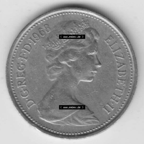 Grau bzw. s/w Münzen Großbritannien Umlaufmünze 1968-1981, New Pence 1968. Rückseite der alten britischen Münze aus Großbritannien zum katalogisieren und verwalten im Münzen-Katalog... Sammlung Graustufen