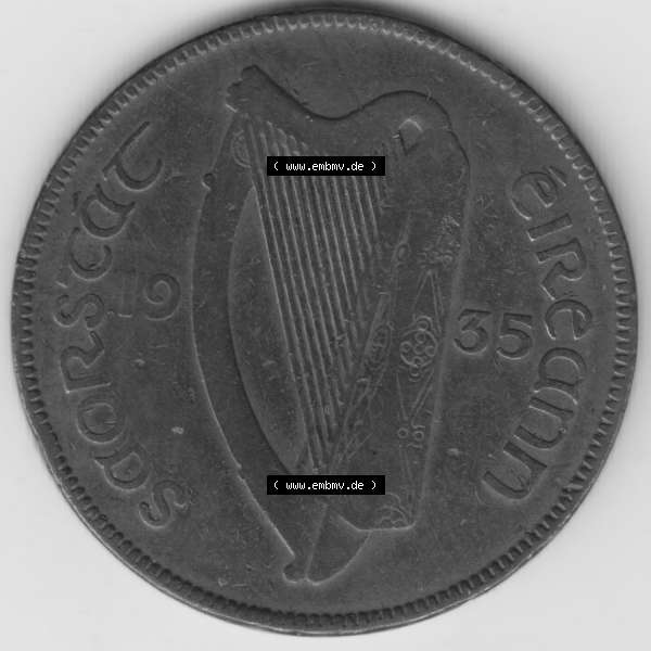 Grau bzw. s/w Münzen Irland Umlaufmünze 1928-1937, 1 Penny, Pence 1935. Rückseite der alten irischen Umlaufmünze aus Irland in Irische Pfund-Währung zum katalogisieren und... Sammlung Graustufen