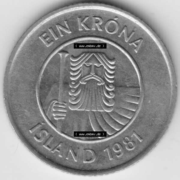 Grau bzw. s/w Münzen Island Umlaufmünze 1981-1987, 1 KR, Krone. Vorderseite der alten Isländischen Umlaufmünze aus Island in Isländischen Kronen-Währung zum katalogisieren... Sammlung Graustufen
