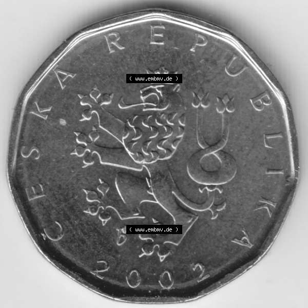 Grau bzw. s/w Münzen Tschechien Umlaufmünze 1993-2013, 2 Kc, 2 Kronen. Vorderseite der Münze aus Tschechien als Bildmaterial für Sammler und Münzen-Webseiten hier im online... Sammlung Graustufen