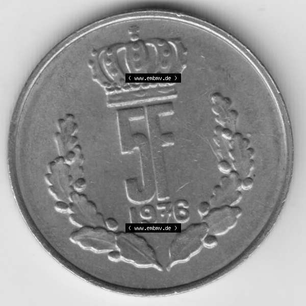Grau bzw. s/w Münzen Luxemburg Umlaufmünze 1971-1981, 5 F, Francs, Franken 1976, Bild mit Vorderseite der Münze als Bildmaterial Sammlung Graustufen