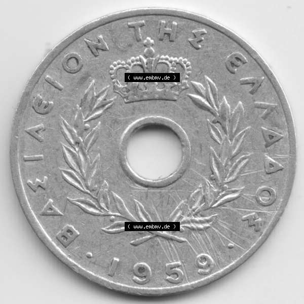 Grau bzw. s/w Münzen Griechenland Umlaufmünze 1959, 20 Aenta, Lepta. Rückseite der alten griechischen Umlaufmünze aus Griechenland in der Drachmen-Währung zum katalogisieren... Sammlung Graustufen