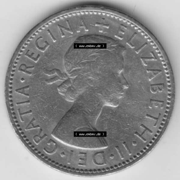 Grau bzw. s/w Münzen Großbritannien Umlaufmünze 1954-1970, 2 Schilling-Florin 1961. Rückseite der alten britischen Münze aus Großbritannien zum katalogisieren und verwalten... Sammlung Graustufen