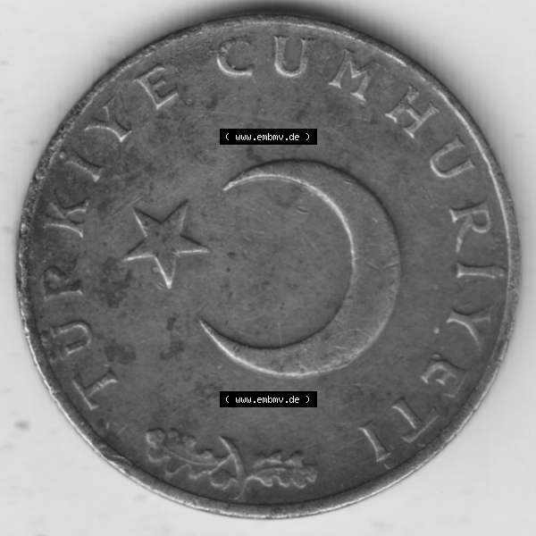 Grau bzw. s/w Münzen Türkei Umlaufmünze 1969-1973, 10 Kurus. Rückseite der Münze der Türkei als Bildmaterial für Sammler und Münzen-Webseiten hier im online Katalog... Sammlung Graustufen