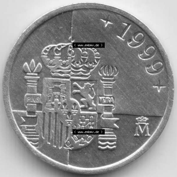 Grau bzw. s/w Münzen Spanien Umlaufmünze 1989-2001, 1 Peseta, Pesete 1999. Rückseite der spanischen Umlaufmünze aus Spanien vor der Euro-Einführung in Spanien zum katalogisieren... Sammlung Graustufen