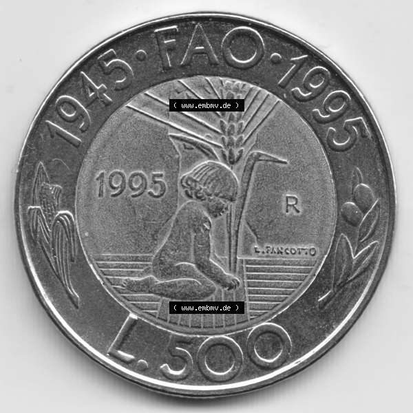 Grau bzw. s/w Münzen San Marino Gedenkmünze 1995-1995, 500 Lire F.A.O.. 500 Lire Gedenkmünzen von San Marino Eurovorläufer als Bildmaterial im online Katalog und... Sammlung Graustufen