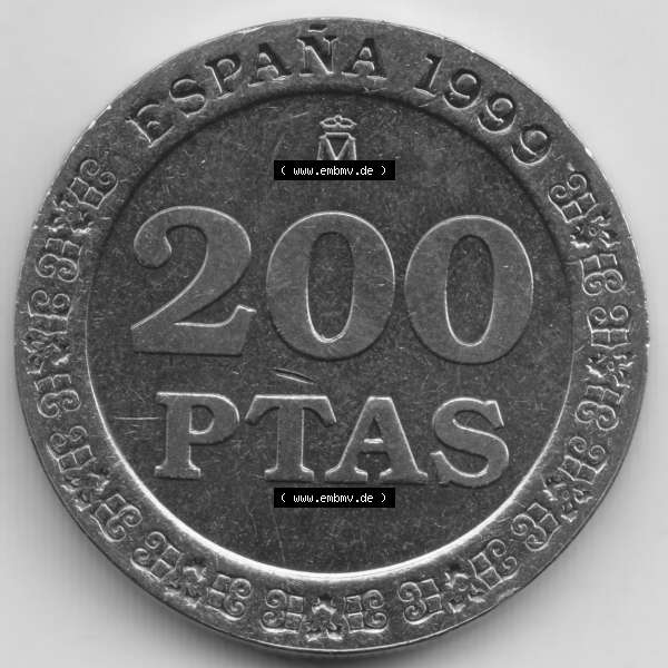 Grau bzw. s/w Münzen Spanien Umlaufmünze 1998-2000, 200 PTAS, Peseten 1999. Vorderseite der alten Peseten Umlaufmünze aus Spanien vor Einführung der Euromünzen in Spanien... Sammlung Graustufen