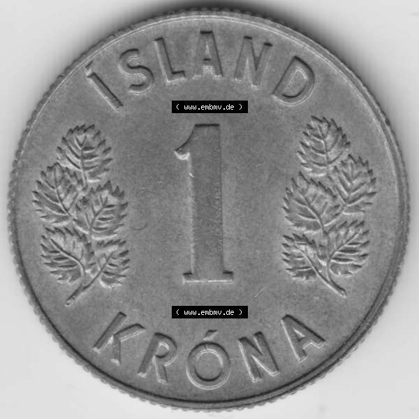Grau bzw. s/w Münzen Island Umlaufmünze 1967-1975, 1 KR Krone 1975. Rückseite der alten Isländischen Umlaufmünze aus Island in Isländischen Kronen-Währung zum katalogisieren... Sammlung Graustufen