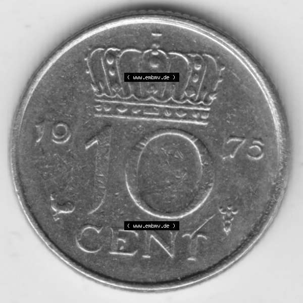 Grau bzw. s/w Münzen Niederlande Umlaufmünze 1950-1980, 10 Cent 1975, Bild mit Vorderseite der Münze als Bildmaterial Sammlung Graustufen
