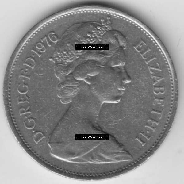 Grau bzw. s/w Münzen Großbritannien Umlaufmünze 1968-1981, 10 New Pence 1976. Rückseite der alten britischen Münze aus Großbritannien zum katalogisieren und verwalten im... Sammlung Graustufen