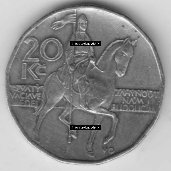 Grau bzw. s/w Münzen Tschechien Umlaufmünze 1993-Heute, 20 Kronen. Rückseite der Münze aus Tschechien als Bildmaterial für Sammler und Münzen-Webseiten hier im online Katalog... Sammlung Graustufen