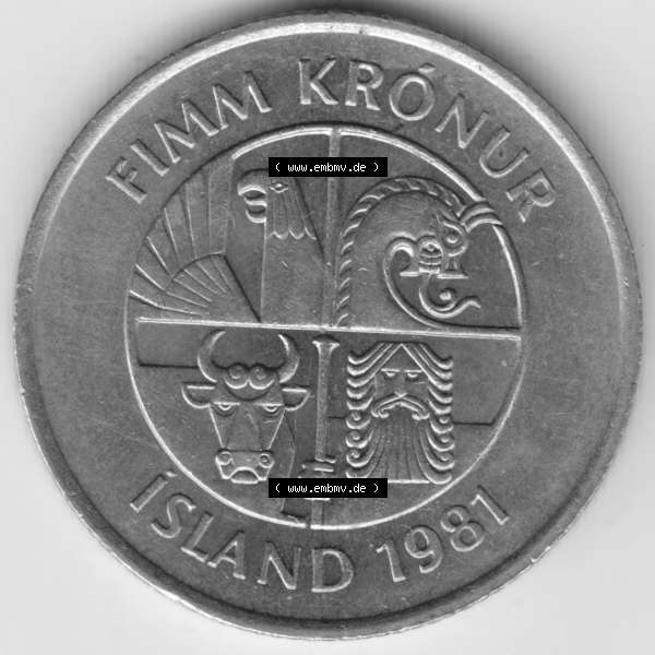 Grau bzw. s/w Münzen Island Umlaufmünze 1981-1992, 5 KR Kronur, Kronen 1981. Vorderseite der alten Isländischen Umlaufmünze aus Island in Isländischen Kronen-Währung... Sammlung Graustufen