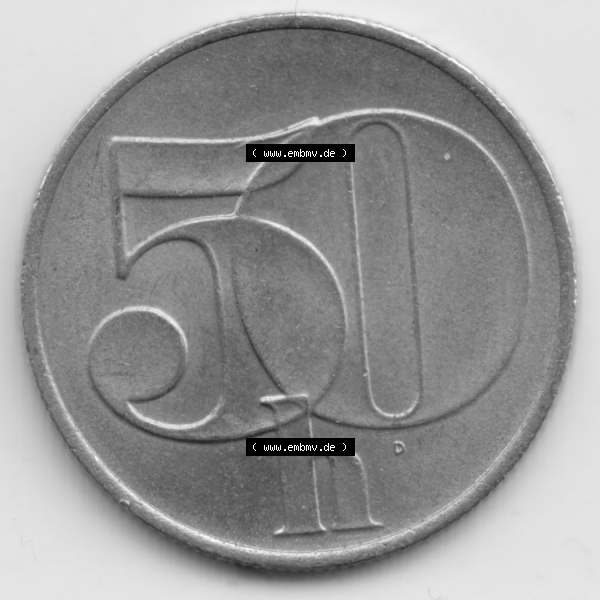 Grau bzw. s/w Münzen Tschechoslowakei Umlaufmünze 1991-1992 50 h, Haleru, Heller. Rückseite der Münze aus Tschechoslowakei als Bildmaterial für Sammler und Münzen-Webseiten... Sammlung Graustufen