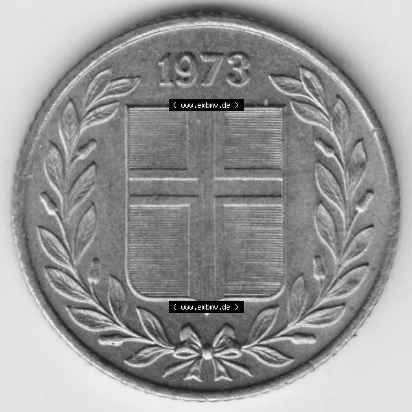 Grau bzw. s/w Münzen Island Umlaufmünze 1969-1974, 50 Aurar 1973. Vorderseite der alten Isländischen Umlaufmünze aus Island in Isländischen Kronen-Währung zum katalogisieren... Sammlung Graustufen
