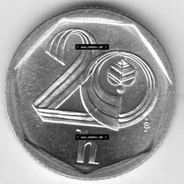 Grau bzw. s/w Münzen Tschechien Umlaufmünze 1998-2004, 20 h, 20 Heller. Rückseite der Münze aus Tschechien als Bildmaterial für Sammler und Münzen-Webseiten hier im online... Sammlung Graustufen