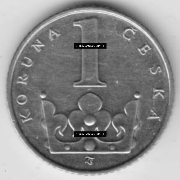 Grau bzw. s/w Münzen Tschechien Umlaufmünze 1993-Heute, 1 Krone. Rückseite der Münze aus Tschechien als Bildmaterial für Sammler und Münzen-Webseiten hier im online Katalog... Sammlung Graustufen