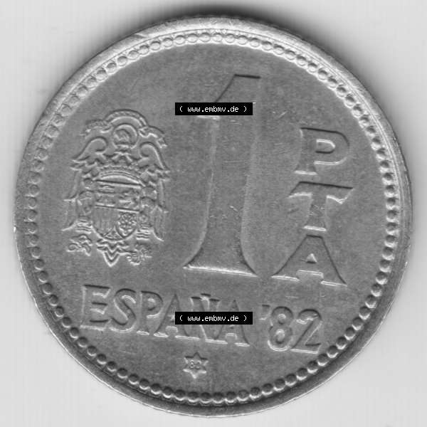 Grau bzw. s/w Münzen Spanien Umlaufmünze 1980, 1980-1982, 1 PTA, Pesete 1980. Vorderseite der alten Peseten Umlaufmünze aus Spanien vor Einführung der Euromünzen in... Sammlung Graustufen