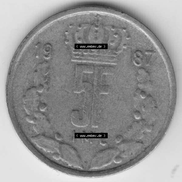 Grau bzw. s/w Münzen Luxemburg Umlaufmünze 1986-1988, 5 F, Francs, Franken 1987, Bild mit Vorderseite der Münze als Bildmaterial Sammlung Graustufen