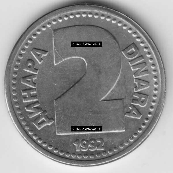 Grau bzw. s/w Münzen Jugoslawien Umlaufmünze 1992-1992, 2 Dinara, Anhapa, Dinar, Bild mit Vorderseite der Münze als Bildmaterial Sammlung Graustufen