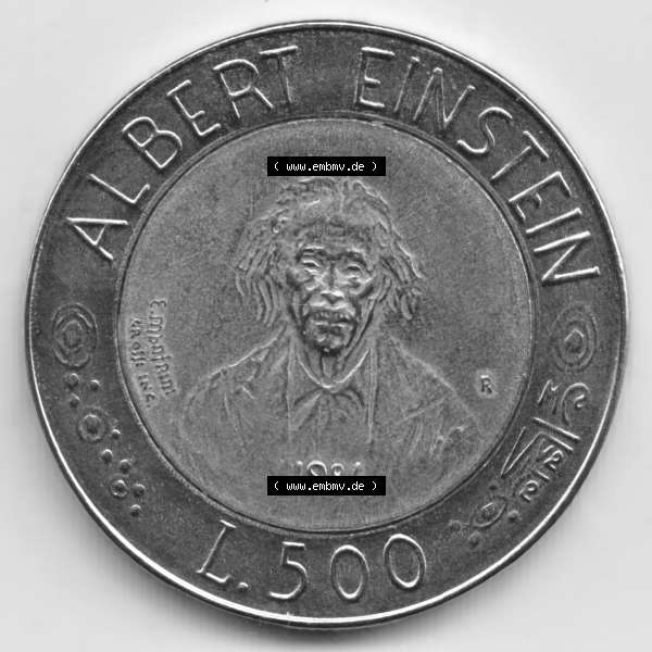 Grau bzw. s/w Münzen San Marino Gedenkmünze 1984-1984, 500 Lire Albert Einstein. 500 Lire Gedenkmünzen von San Marino Eurovorläufer als Bildmaterial im online Katalog und Datenbank erhältlich. Sammlung Graustufen