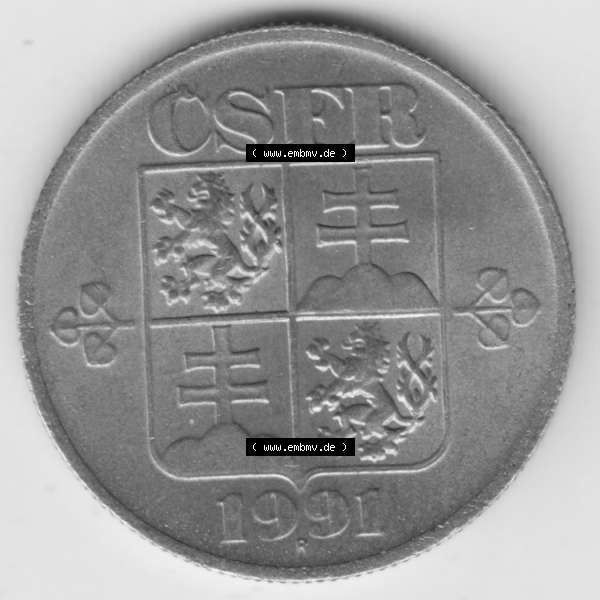 Grau bzw. s/w Münzen Tschechoslowakei Umlaufmünze 1991-1992 50 h, Haleru, Heller. Vorderseite der Münze aus Tschechoslowakei als Bildmaterial für Sammler und Münzen-Webseiten... Sammlung Graustufen