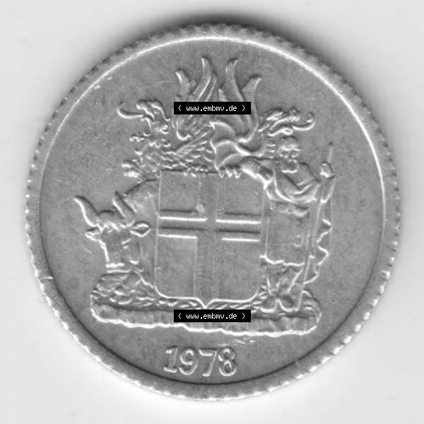 Grau bzw. s/w Münzen Island Umlaufmünze 1976-1980, 1 Krona, Krone 1978. Vorderseite der alten Isländischen Umlaufmünze aus Island in Isländischen Kronen-Währung zum katalogisieren... Sammlung Graustufen