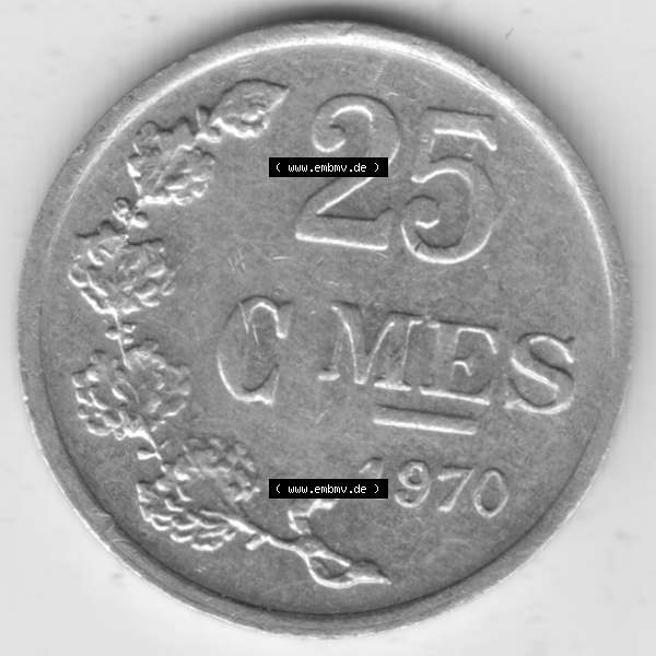 Grau bzw. s/w Münzen Luxemburg Umlaufmünze 1954-1972, 25 Centimes - C-MES 1970, Bild mit Vorderseite der Münze als Bildmaterial Sammlung Graustufen