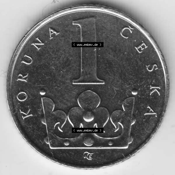 Grau bzw. s/w Münzen Tschechien Umlaufmünze 1993-2013, 1 kc, 1 Krone. Rückseite der Münze aus Tschechien als Bildmaterial für Sammler und Münzen-Webseiten hier im online... Sammlung Graustufen