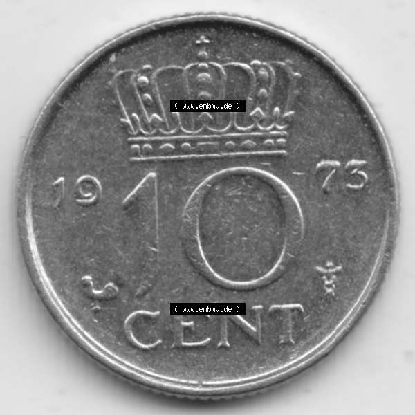 Grau bzw. s/w Münzen Niederlande Umlaufmünze 1950-1980, 10 Cent 1973, Bild mit Vorderseite der Münze als Bildmaterial Sammlung Graustufen