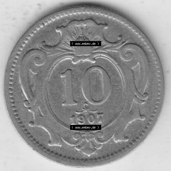 Grau bzw. s/w Münzen Österreich Umlaufmünze 1892-1911, 10 Heller 1907, Bild mit Vorderseite der Münze aus Österreich als Bildmaterial, für dich selbst Sammlung Graustufen