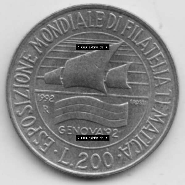 Grau bzw. s/w Münzen Italien Gedenkmünze 1992-1992, 200 Lire Briefmarkenausstellung in Genua. Vorderseite der alten italienischen Münze aus Italien in der italienischen Lira-Währung... Sammlung Graustufen