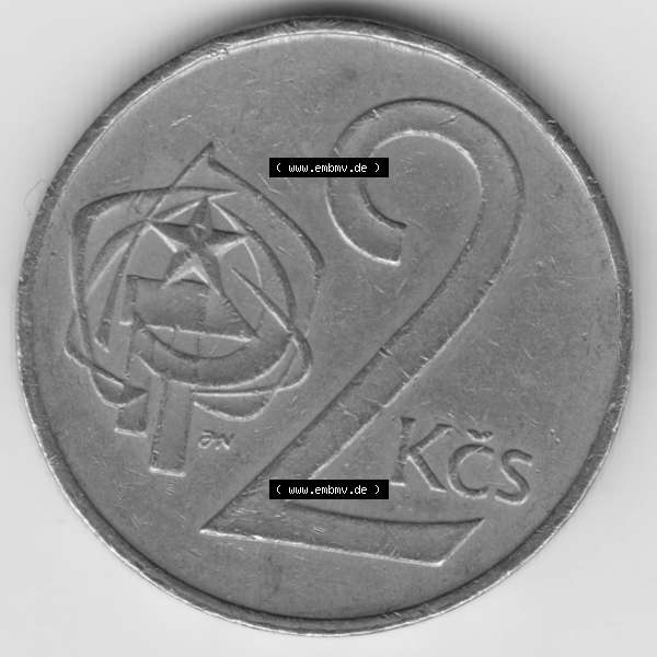 Grau bzw. s/w Münzen Tschechoslowakei Umlaufmünze 1972-1990, 2 Kcs, Koruny, Kronen. Rückseite der Münze aus Tschechoslowakei als Bildmaterial für Sammler und Münzen-Webseiten... Sammlung Graustufen