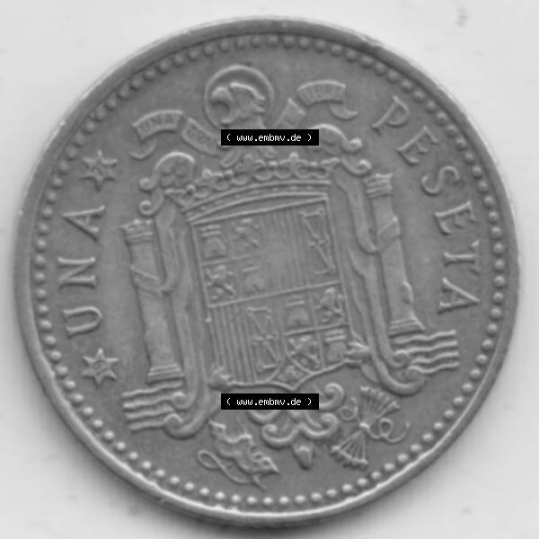 Grau bzw. s/w Münzen Spanien Umlaufmünze 1966-1966, 1 Pesete. Vorderseite der Peseten Umlaufmünze aus Spanien vor Einführung der Euromünzen in Spanien zum katalogisieren im spanischen... Sammlung Graustufen