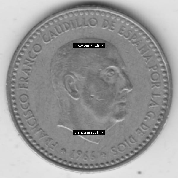 Grau bzw. s/w Münzen Spanien Umlaufmünze 1966-1966, 1 Peseta, Pesete. Rückseite der spanischen Umlaufmünze aus Spanien vor der Euro-Einführung in Spanien zum katalogisieren... Sammlung Graustufen