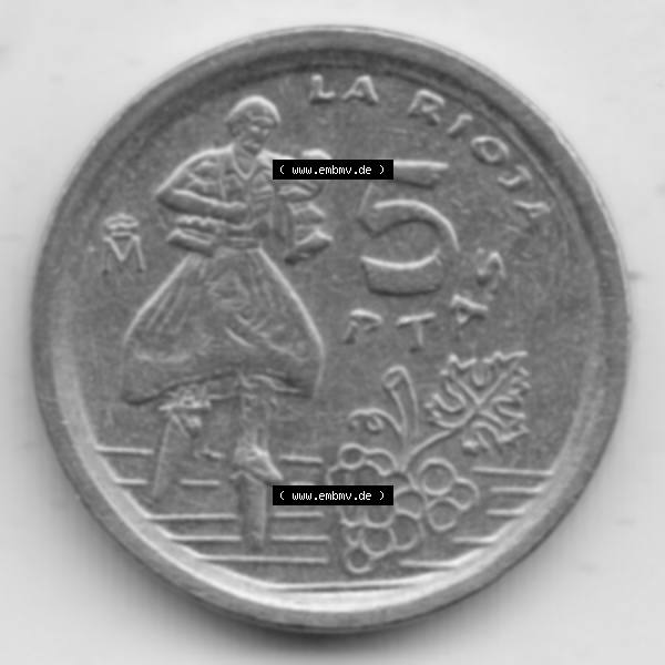 Grau bzw. s/w Münzen Spanien Umlaufmünze 1996-1996, 5 Peseten 1996. Vorderseite der alten Peseten Umlaufmünze aus Spanien vor Einführung der Euromünzen in Spanien zum katalogisieren... Sammlung Graustufen